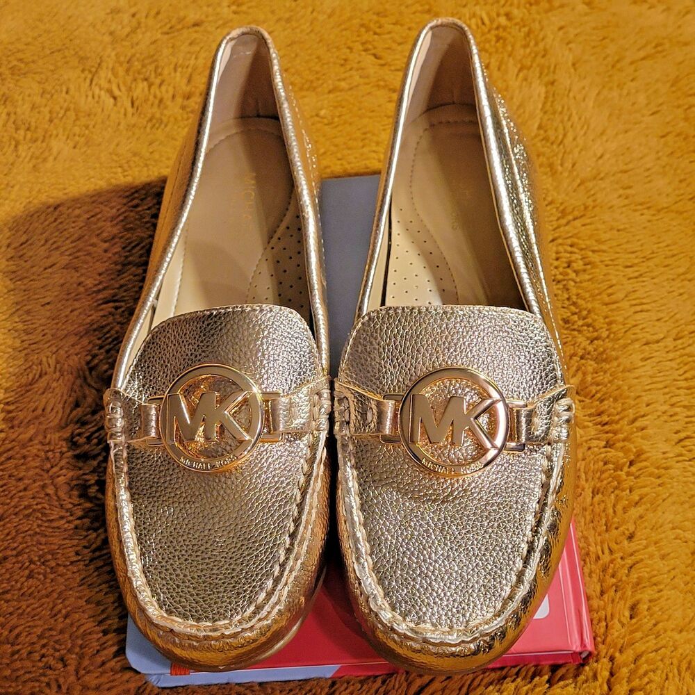 EUC Michael Kors Gold Loafer Flats Moccasins Logo Accent Comfort Women's Sz 5 M